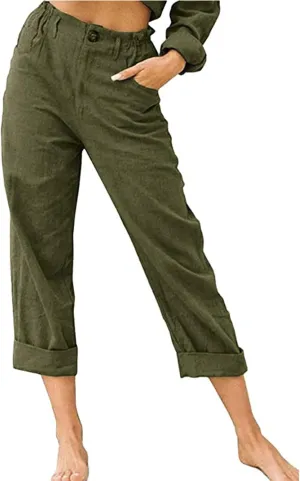 Womens Cotton Linen Pants High Waist Button Elastic Waist Pants Casual Wide Leg Leg Straight Trousers with Pockets