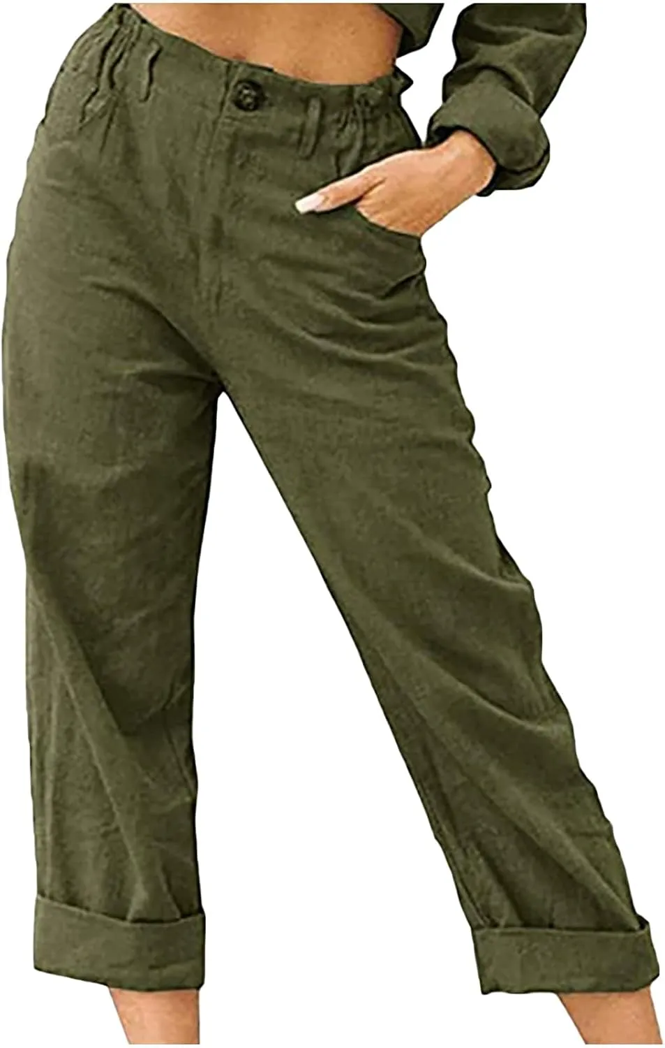 Womens Cotton Linen Pants High Waist Button Elastic Waist Pants Casual Wide Leg Leg Straight Trousers with Pockets