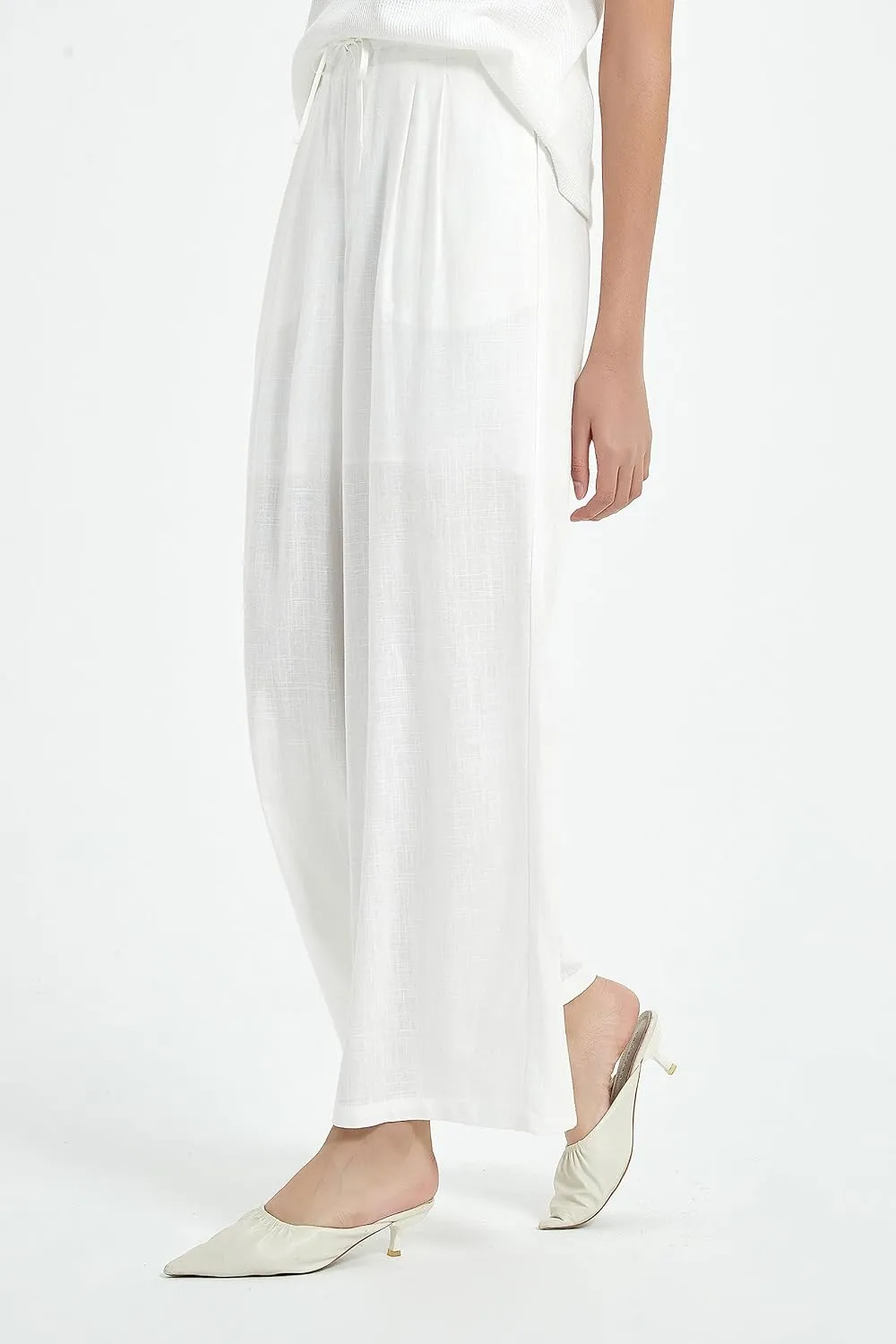 Womens Cotton Linen Pants Summer Casual Drawstring High Waisted Palazzo Flowy Wide Leg Trousers with Pockets