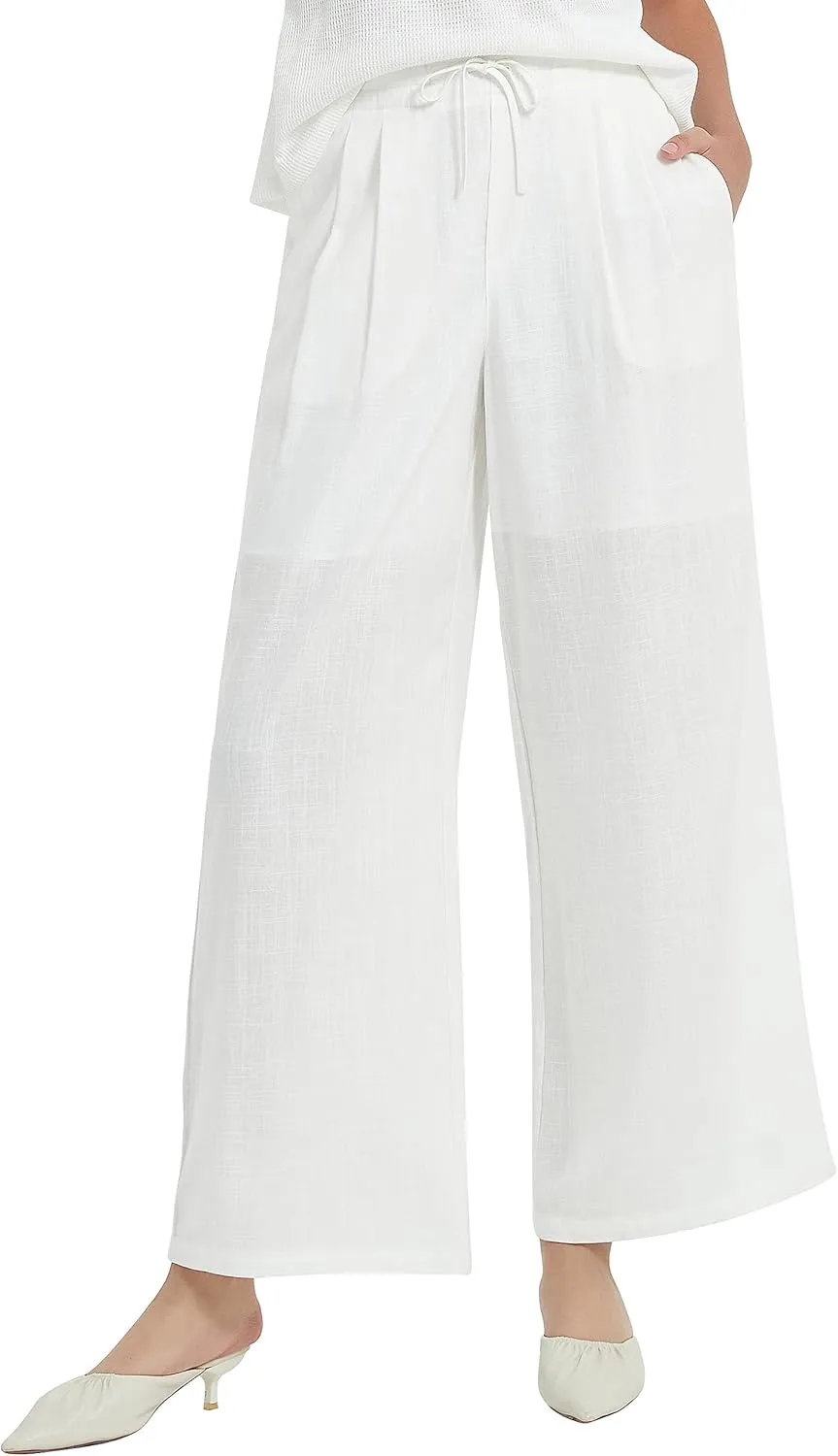 Womens Cotton Linen Pants Summer Casual Drawstring High Waisted Palazzo Flowy Wide Leg Trousers with Pockets
