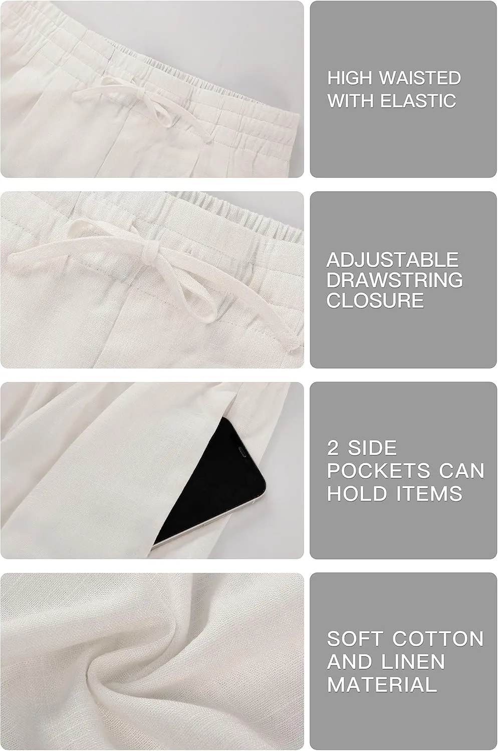 Womens Cotton Linen Pants Summer Casual Drawstring High Waisted Palazzo Flowy Wide Leg Trousers with Pockets