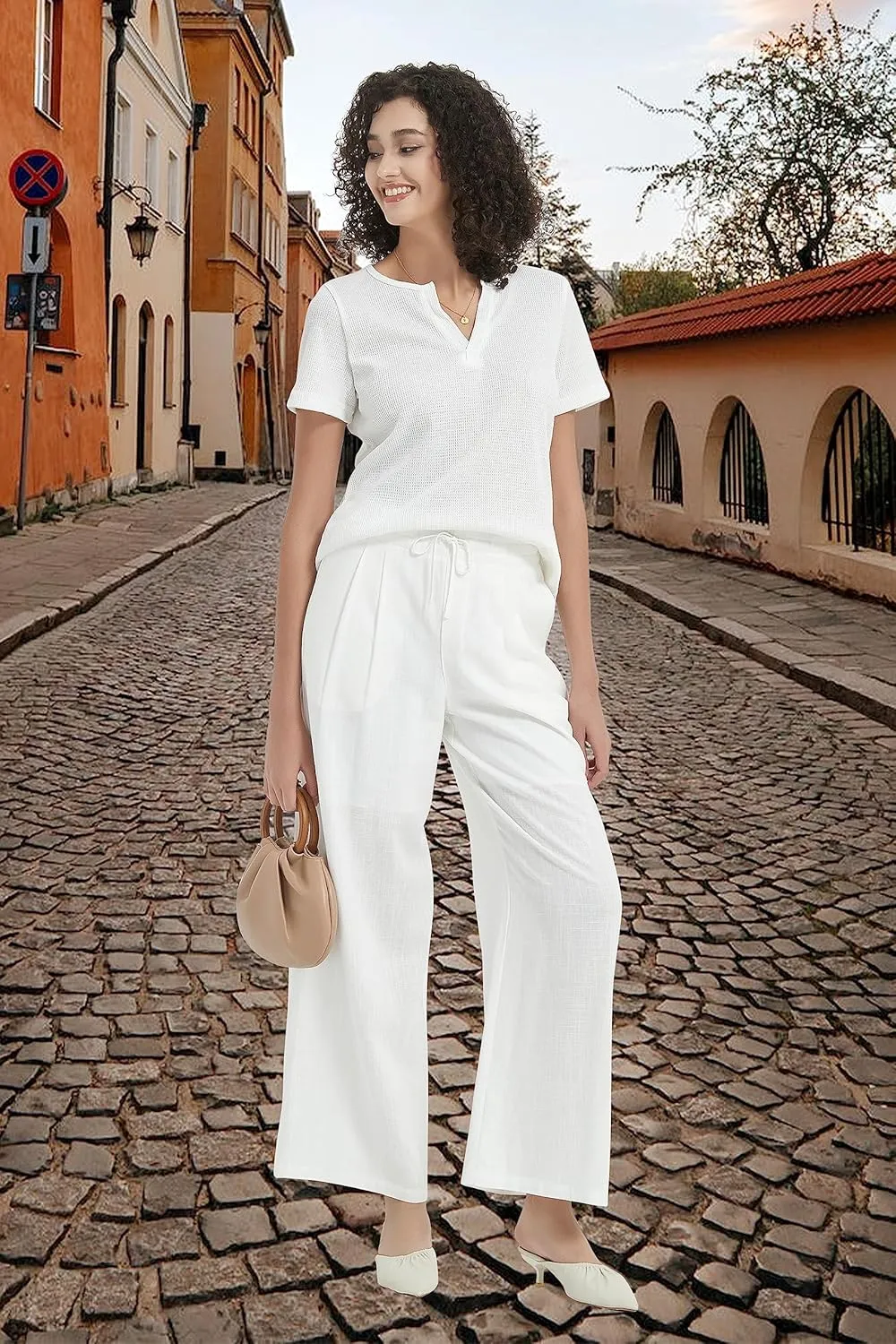 Womens Cotton Linen Pants Summer Casual Drawstring High Waisted Palazzo Flowy Wide Leg Trousers with Pockets