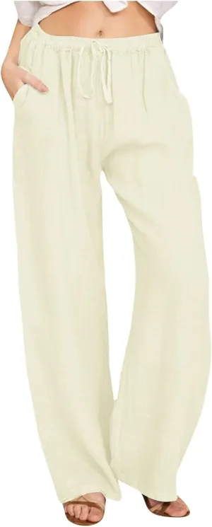 Women's Cotton Linen Pants Summer Drawstring High Waisted Palazzo Pants Casual Wide Leg Yoga Pants with Pockets