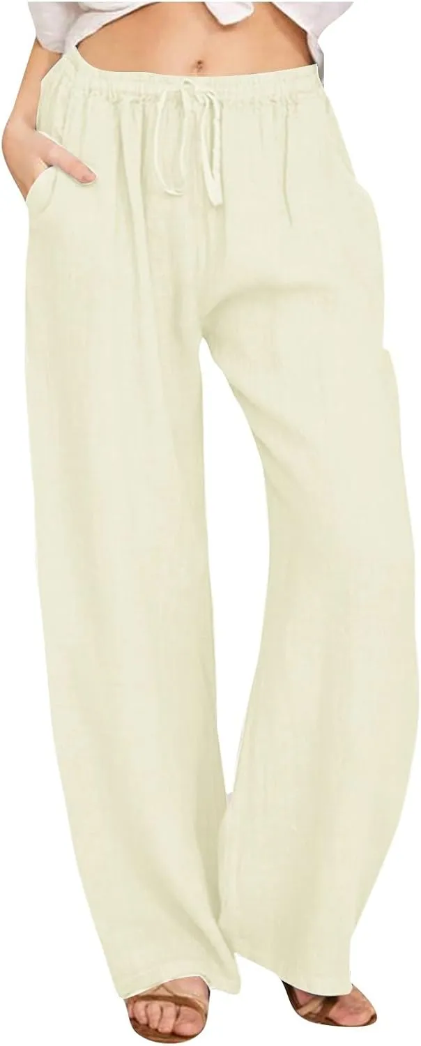 Women's Cotton Linen Pants Summer Drawstring High Waisted Palazzo Pants Casual Wide Leg Yoga Pants with Pockets