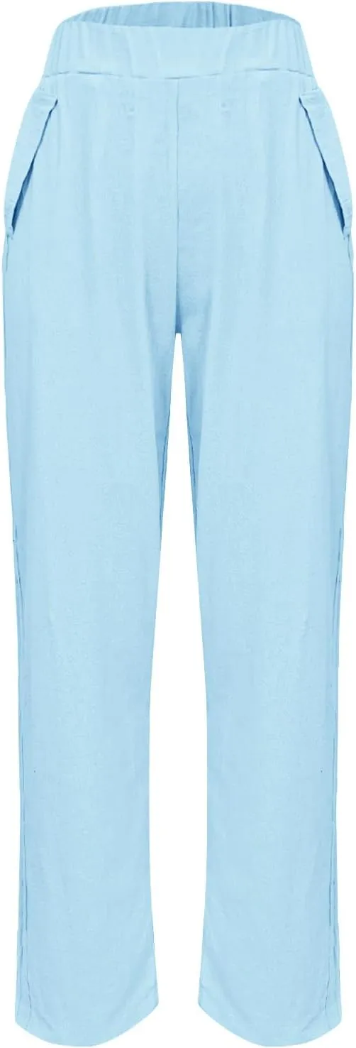 Womens Cotton Linen Pants Summer Wide Leg Solid High Waisted Palazzo Pants Flowy Lounge Beach Trousers with Pockets