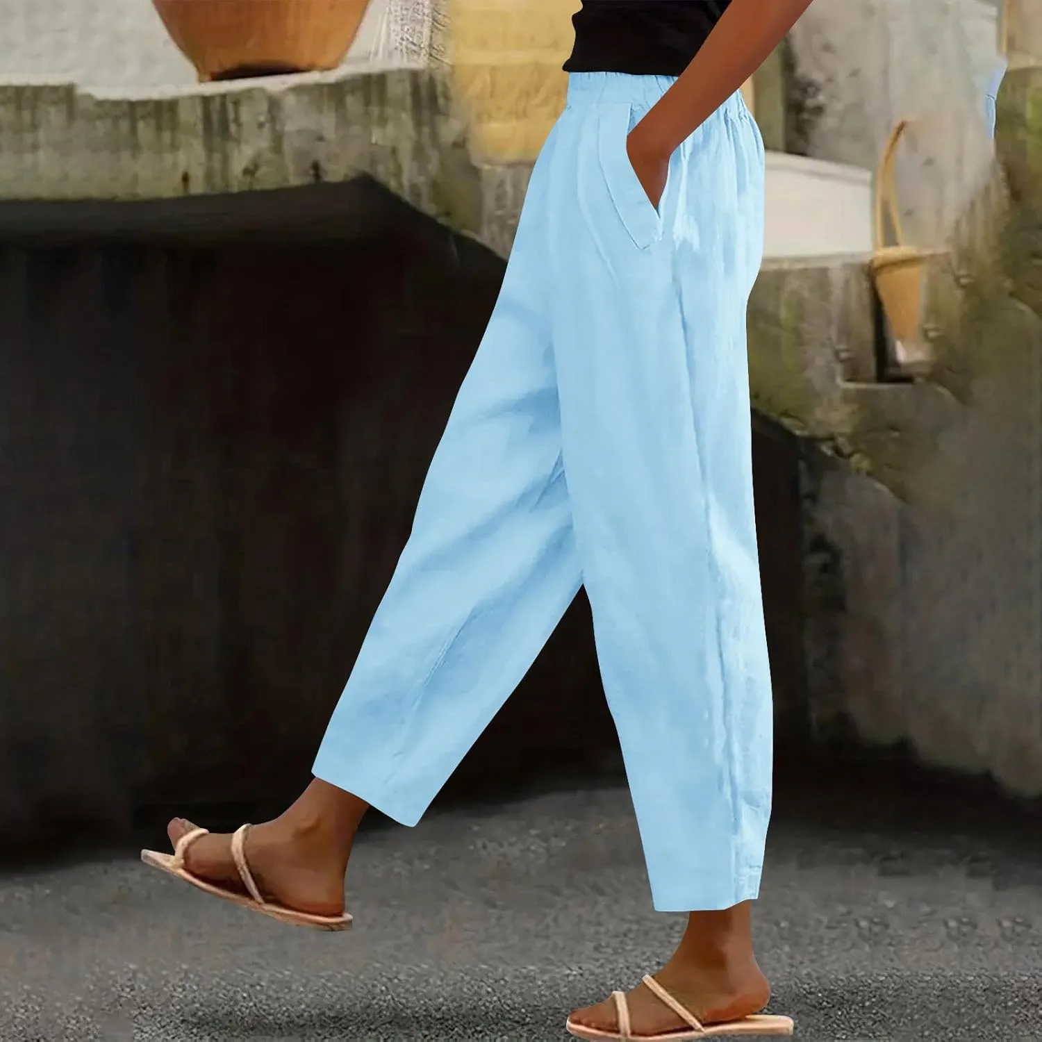 Womens Cotton Linen Pants Summer Wide Leg Solid High Waisted Palazzo Pants Flowy Lounge Beach Trousers with Pockets
