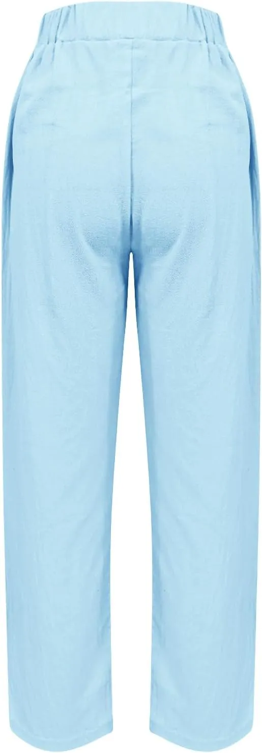 Womens Cotton Linen Pants Summer Wide Leg Solid High Waisted Palazzo Pants Flowy Lounge Beach Trousers with Pockets