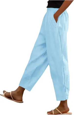 Womens Cotton Linen Pants Summer Wide Leg Solid High Waisted Palazzo Pants Flowy Lounge Beach Trousers with Pockets