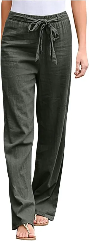 Womens Cotton Linen Summer Casual Loose Palazzo Pants Elastic Waist Baggy Stretchy Slim-Fit Palazzo Lounge