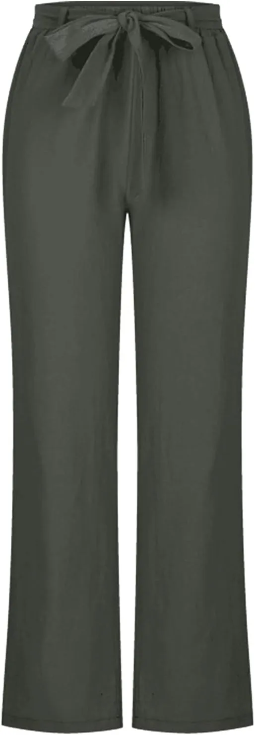 Womens Cotton Linen Summer Casual Loose Palazzo Pants Elastic Waist Baggy Stretchy Slim-Fit Palazzo Lounge