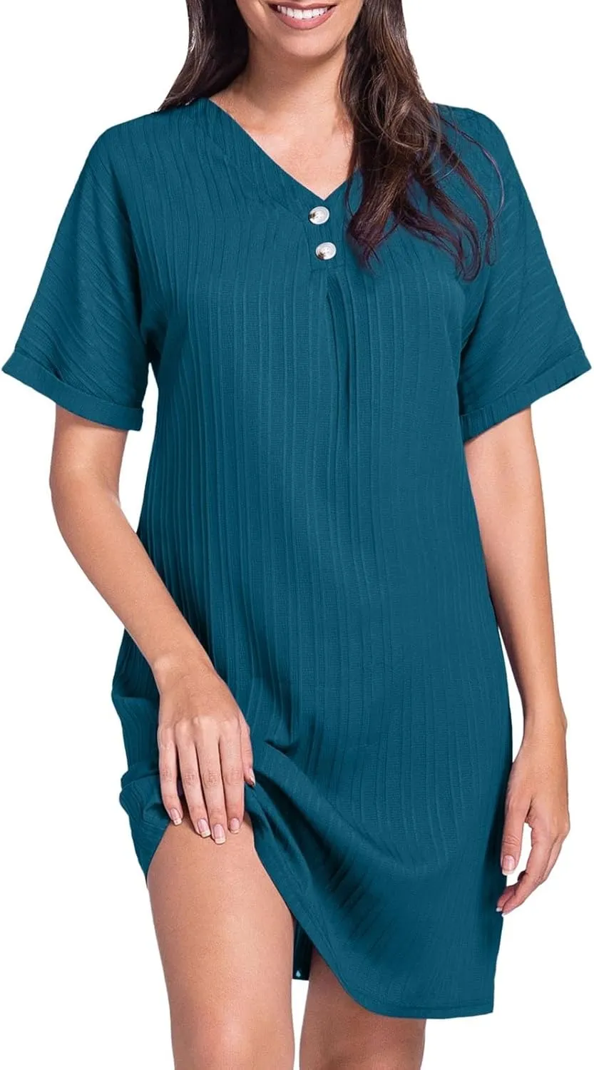 Womens Cotton Shirt Dress 2025 Summer Casual Cap Sleeve Button V Neck Shift Dress Beach Cover Up Shirts with Pockets