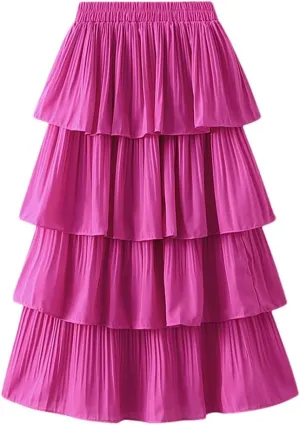 Women's High Waisted Ruffled Pleated Half Skirt Solid Color Casual Loose Elastic Long Skirt