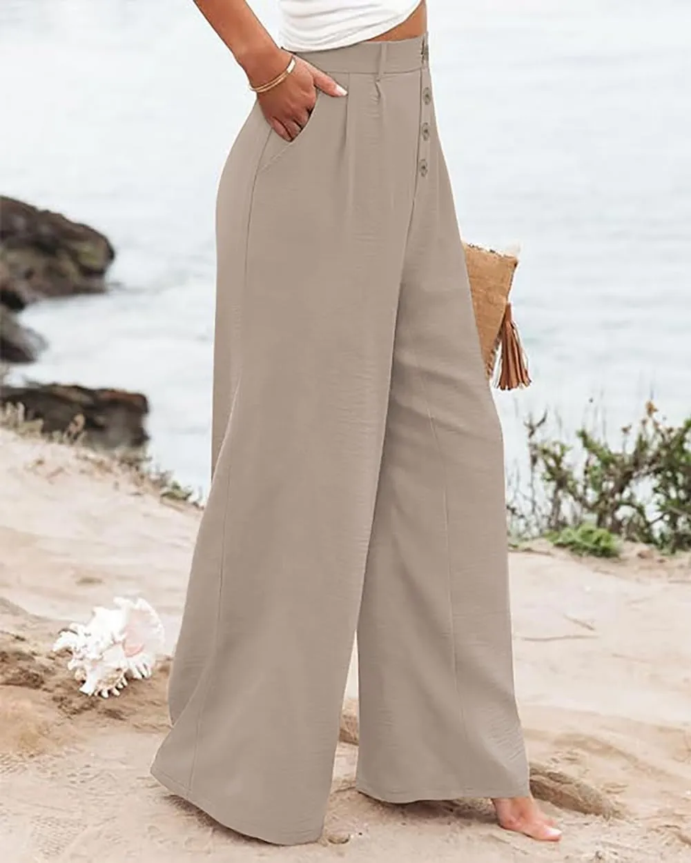 Womens High Waisted Wide Leg Palazzo Pants Casual Lounge Boho Flowy Pants with Pockets