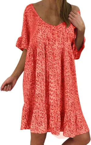 Women's Ladies Sexy Loose Print Hlaf Sleeve Ruffles Mini Dress Summer Dress Womens Casual Maxi Dresses