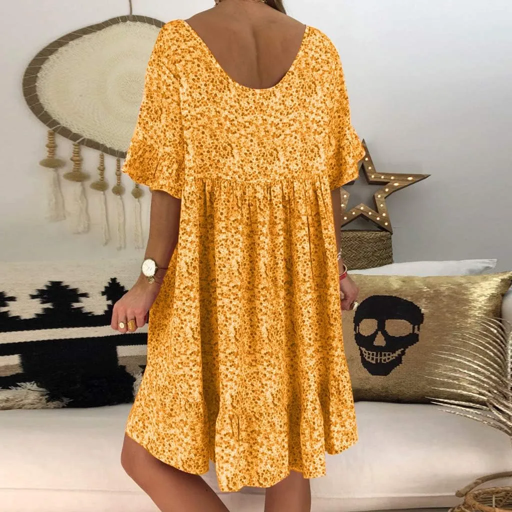 Women's Ladies Sexy Loose Print Hlaf Sleeve Ruffles Mini Dress Summer Dress Womens Casual Maxi Dresses