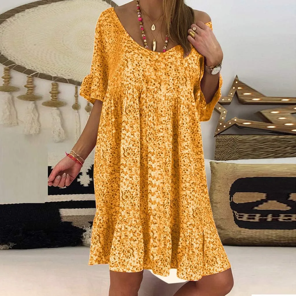 Women's Ladies Sexy Loose Print Hlaf Sleeve Ruffles Mini Dress Summer Dress Womens Casual Maxi Dresses