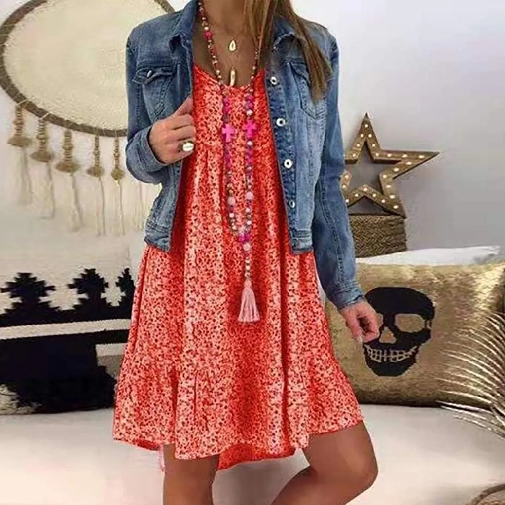 Women's Ladies Sexy Loose Print Hlaf Sleeve Ruffles Mini Dress Summer Dress Womens Casual Maxi Dresses