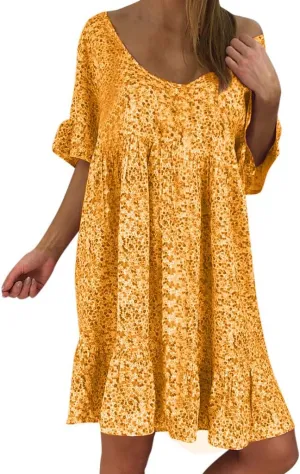 Women's Ladies Sexy Loose Print Hlaf Sleeve Ruffles Mini Dress Summer Dress Womens Casual Maxi Dresses