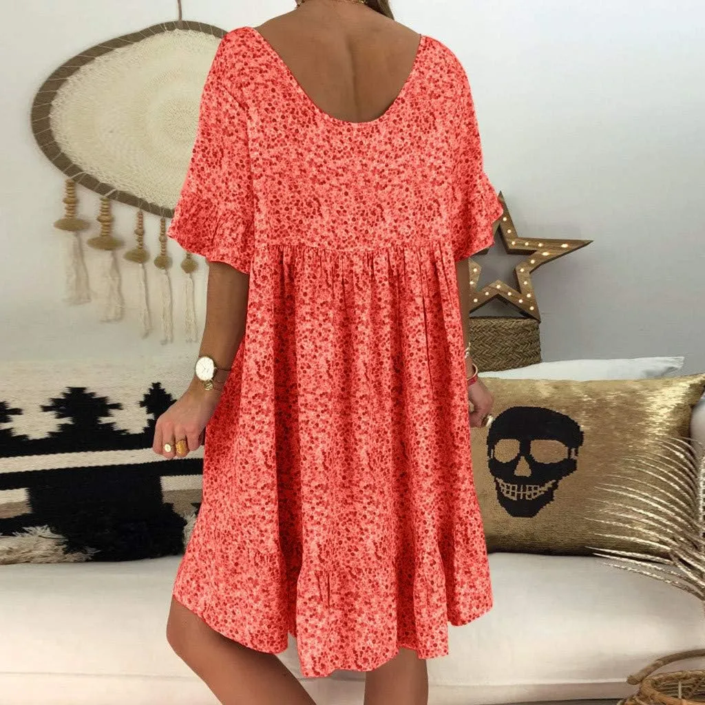 Women's Ladies Sexy Loose Print Hlaf Sleeve Ruffles Mini Dress Summer Dress Womens Casual Maxi Dresses