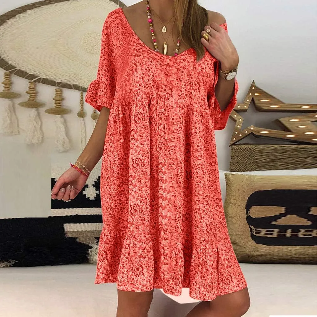 Women's Ladies Sexy Loose Print Hlaf Sleeve Ruffles Mini Dress Summer Dress Womens Casual Maxi Dresses