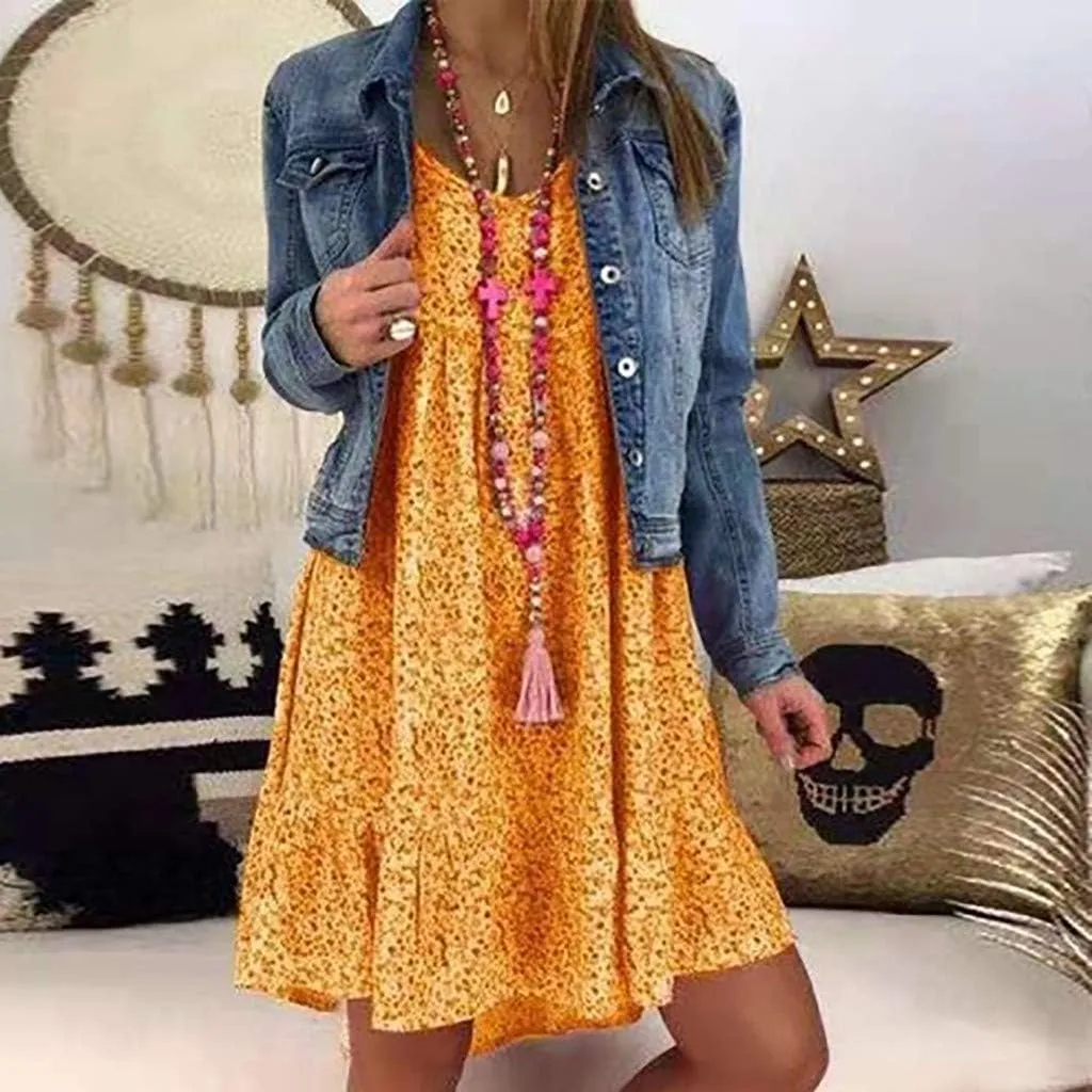 Women's Ladies Sexy Loose Print Hlaf Sleeve Ruffles Mini Dress Summer Dress Womens Casual Maxi Dresses