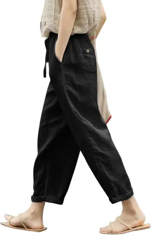 Womens Linen Blend Summer Boho Palazzo Lounge Pants Elastic Waist Baggy Stretchy Slim Fit Pants Travel