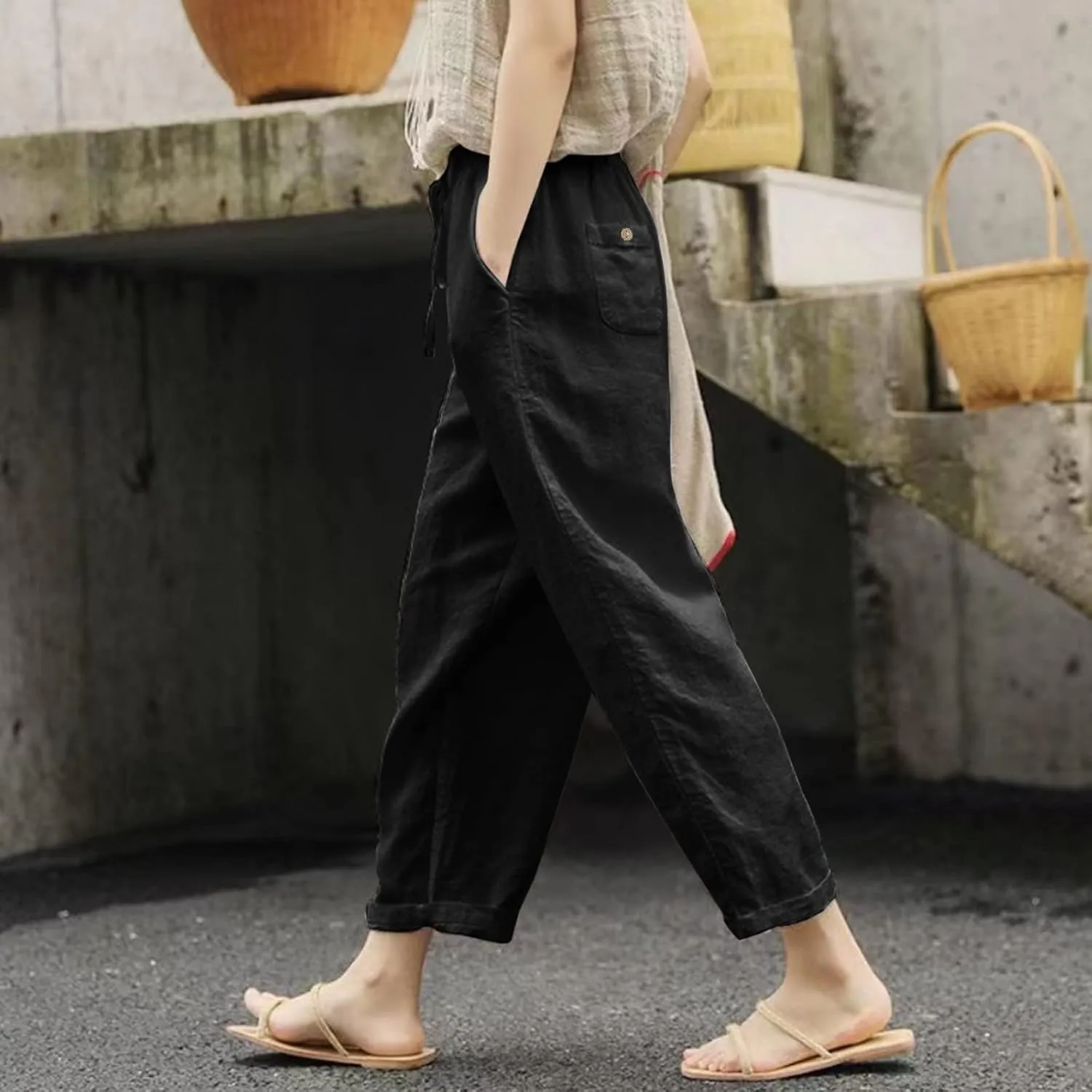 Womens Linen Blend Summer Boho Palazzo Lounge Pants Elastic Waist Baggy Stretchy Slim Fit Pants Travel