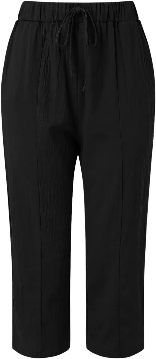 Womens Linen Blend Summer Boho Palazzo Lounge Pants Elastic Waist Baggy Stretchy Slim Fit Pants Travel