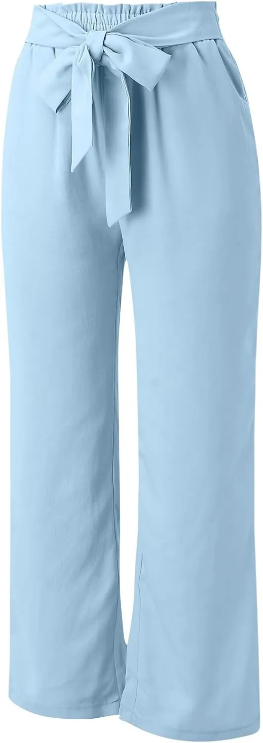 Women's Linen Blend Summer Flowy Pants Low Waist Stretchy Straight Slim Fit Palazzo Pants Work Business