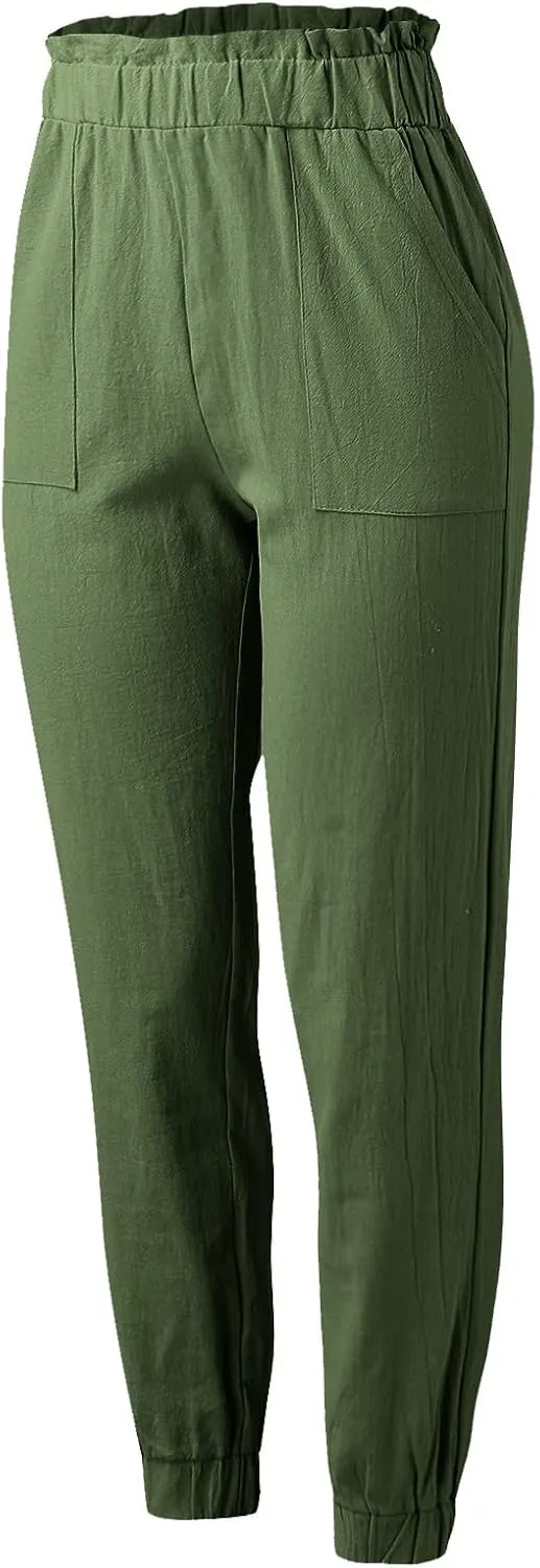 Women's Linen Blend Summer Flowy Pants Low Waist Stretchy Straight Slim Fit Palazzo Pants Work Business