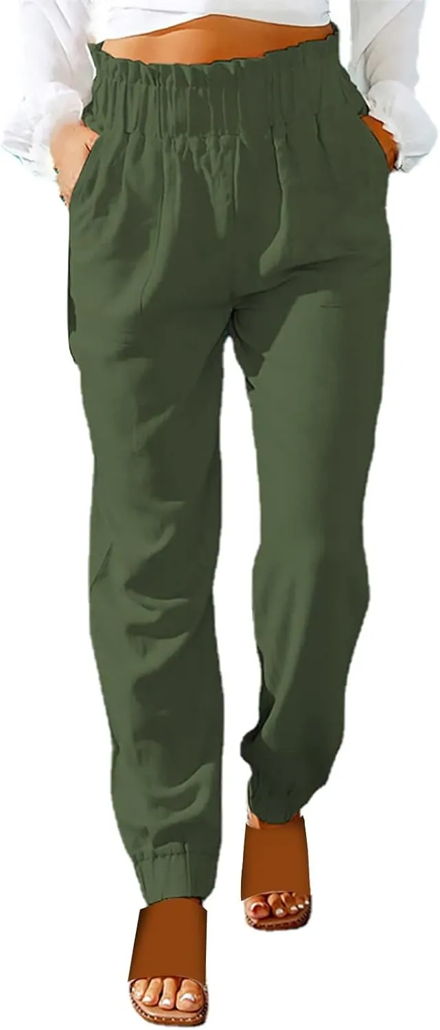 Women's Linen Blend Summer Flowy Pants Low Waist Stretchy Straight Slim Fit Palazzo Pants Work Business