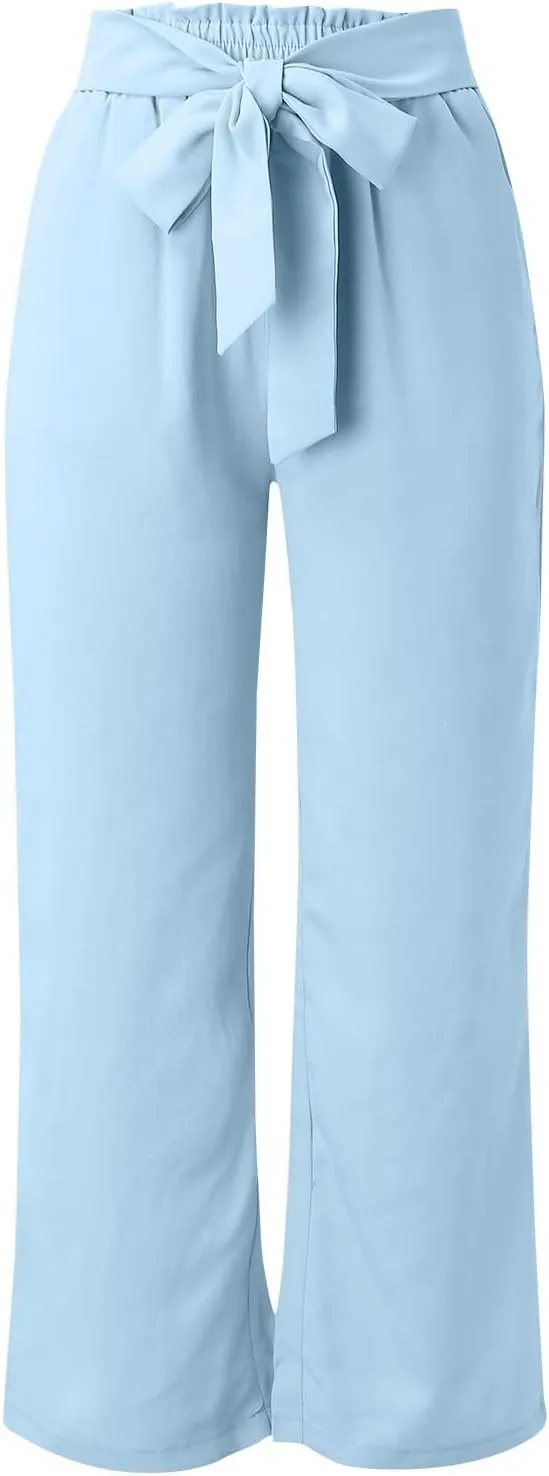 Women's Linen Blend Summer Flowy Pants Low Waist Stretchy Straight Slim Fit Palazzo Pants Work Business