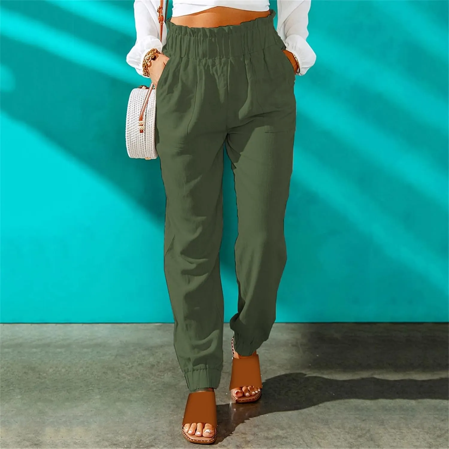 Women's Linen Blend Summer Flowy Pants Low Waist Stretchy Straight Slim Fit Palazzo Pants Work Business
