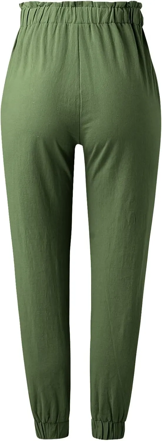 Women's Linen Blend Summer Flowy Pants Low Waist Stretchy Straight Slim Fit Palazzo Pants Work Business