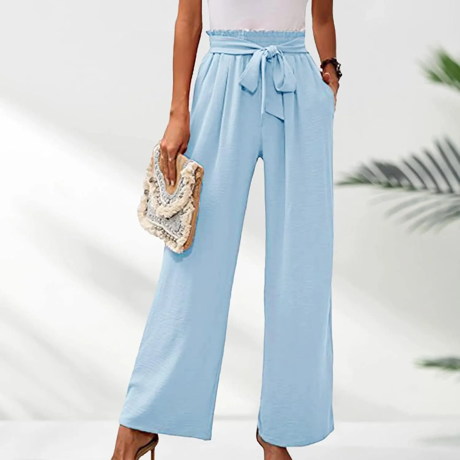 Women's Linen Blend Summer Flowy Pants Low Waist Stretchy Straight Slim Fit Palazzo Pants Work Business