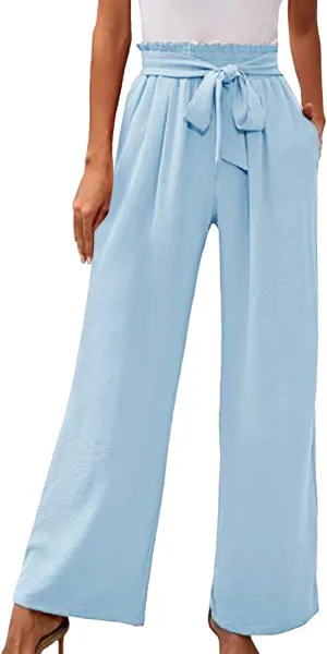 Women's Linen Blend Summer Flowy Pants Low Waist Stretchy Straight Slim Fit Palazzo Pants Work Business