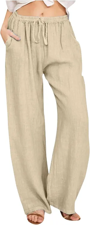 Women's Linen Blend Summer Lightweigt Pant Trousers Elastic Waisted Bootcut Loose Fit Palazzo Lounge Pants Beach