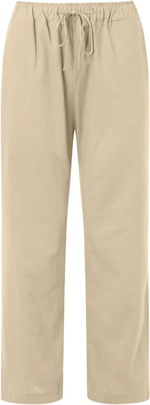 Women's Linen Blend Summer Lightweigt Pant Trousers Elastic Waisted Bootcut Loose Fit Palazzo Lounge Pants Beach