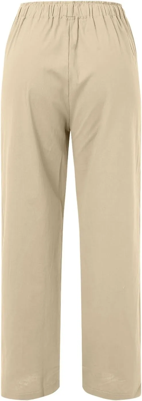 Women's Linen Blend Summer Lightweigt Pant Trousers Elastic Waisted Bootcut Loose Fit Palazzo Lounge Pants Beach
