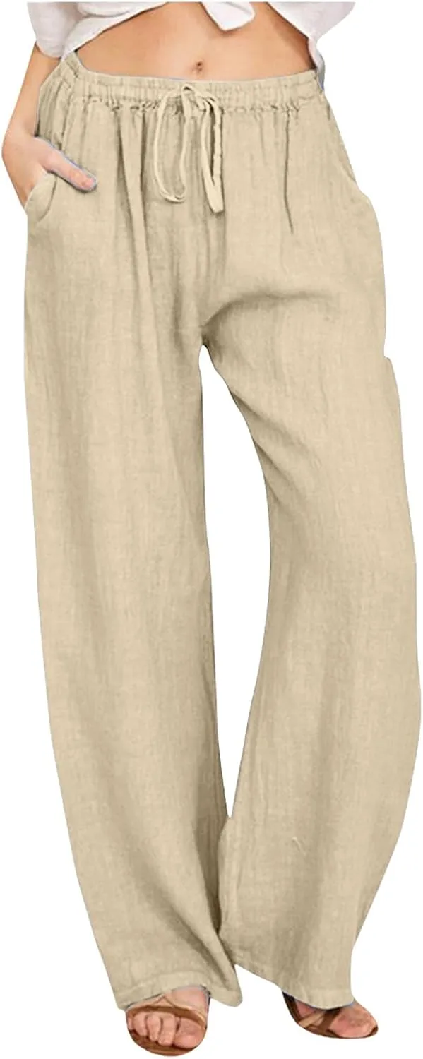 Women's Linen Blend Summer Lightweigt Pant Trousers Elastic Waisted Bootcut Loose Fit Palazzo Lounge Pants Beach