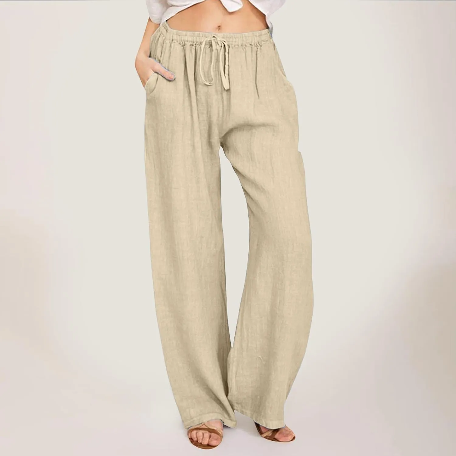 Women's Linen Blend Summer Lightweigt Pant Trousers Elastic Waisted Bootcut Loose Fit Palazzo Lounge Pants Beach