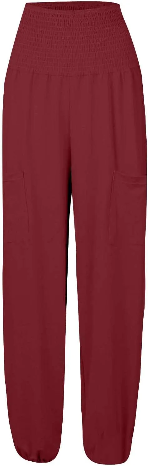 Womens Linen Blend Summer Split Flowy Pant Trousers Elastic Waist Long Lounge Loose Fit Palazzo Lounge Pants Office
