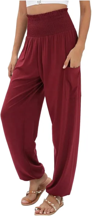 Womens Linen Blend Summer Split Flowy Pant Trousers Elastic Waist Long Lounge Loose Fit Palazzo Lounge Pants Office