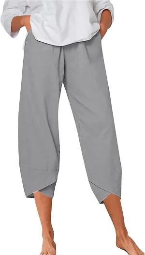 Women's Linen Blend Summer Split Flowy Pant Trousers High Waist Lounge Pants Slim-Fit Pant Trousers Vacation