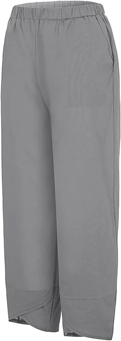 Women's Linen Blend Summer Split Flowy Pant Trousers High Waist Lounge Pants Slim-Fit Pant Trousers Vacation