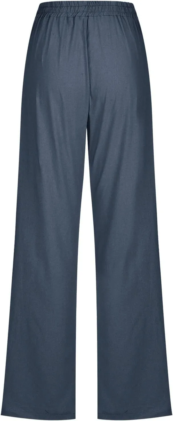 Womens Linen Blend Summer Striped Palazzo Lounge Pants Elastic Waist Ankle Length Slim-Fit Pants Travel