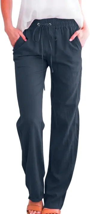 Womens Linen Blend Summer Striped Palazzo Lounge Pants Elastic Waist Ankle Length Slim-Fit Pants Travel