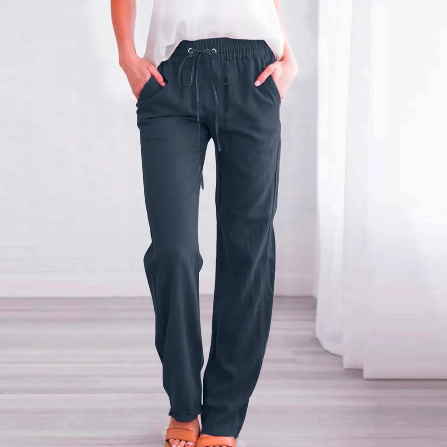 Womens Linen Blend Summer Striped Palazzo Lounge Pants Elastic Waist Ankle Length Slim-Fit Pants Travel