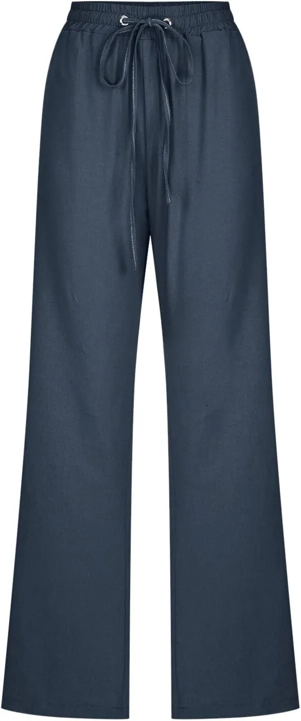 Womens Linen Blend Summer Striped Palazzo Lounge Pants Elastic Waist Ankle Length Slim-Fit Pants Travel