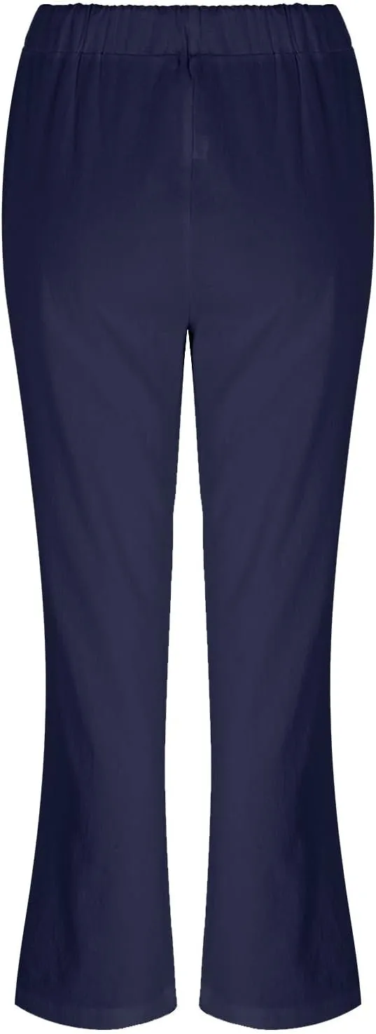 Womens Linen Blend Summer Y2K Fashion Palazzo Lounge Pants Elastic Waist Stretchy Slim Fit Trouser Business Work